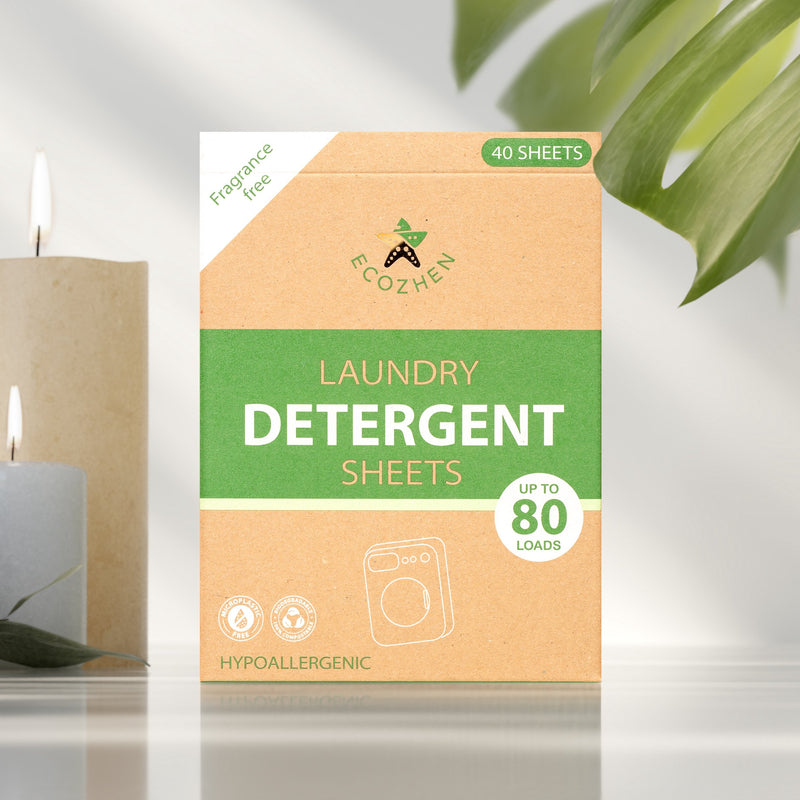 Plastic-free, fragrance-free laundry detergent sheets in biodegradable packaging.  Eco-friendly and safe for sensitive skin and marine life.